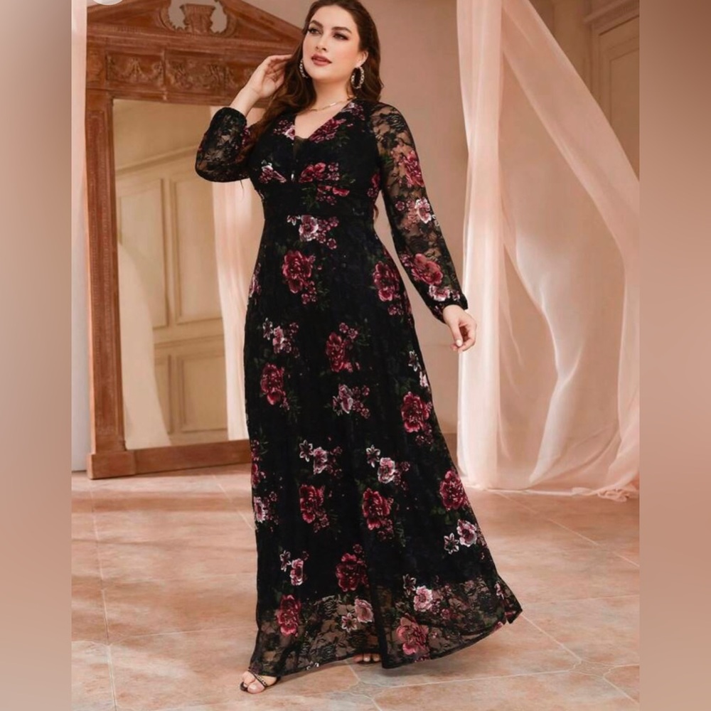 Plus Floral Print, Sheer Lace, Lantern Sleeve Dress - 2X (16)